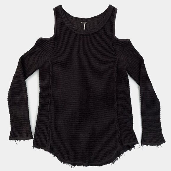 FREE PEOPLE Open Shoulder Sweater, Black Waffle Knit, Size XS - Picture 1 of 9